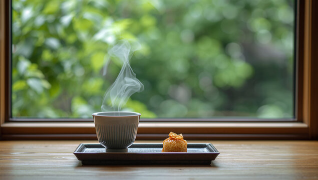 広い緑の余白を背景に和のお茶と菓子が置かれたカフェ写真