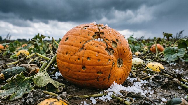  Large orange pumpkin severely damaged by hail in a muddy field under a stormy sky, agricultural crop loss and farming insurance concept