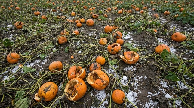  Devastated pumpkin field with smashed harvest after a severe hailstorm, agricultural crop loss and farming insurance concept