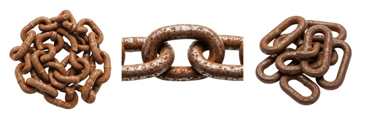 Fototapeta premium Set of Three Realistic Rusty Metal Chain Fragments, Isolated Transparent Background, Weathered Industrial Linking Elements for Grunge or Survival Design Projects, High-Quality PNG Stock Image Assets