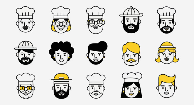 Chef faces vector illustration set