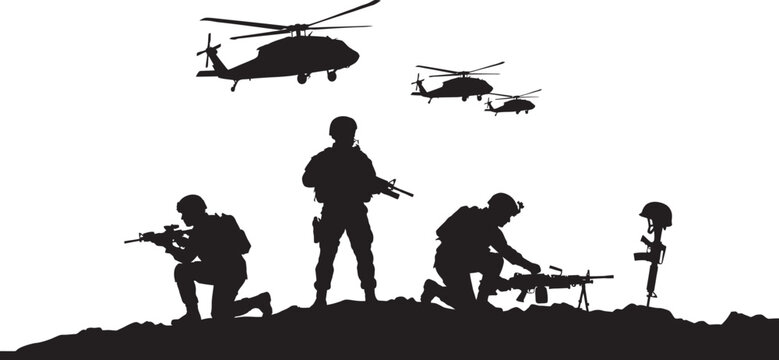 Military silhouette of soldiers with helicopter support