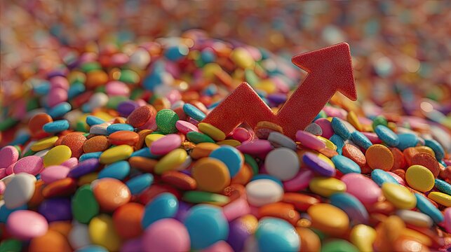 Colorful chocolate candy pile with rising red growth arrow.