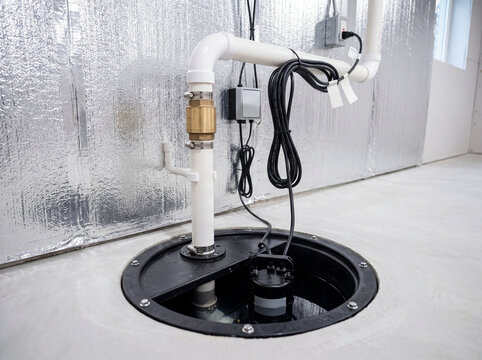 Modern basement sump pump system with pvc pipes on a concrete floor