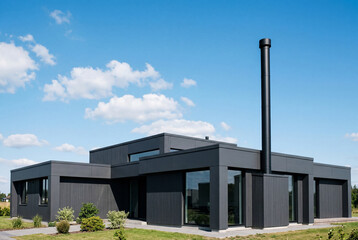 Naklejka premium Modern dark building with black chimney and angular design