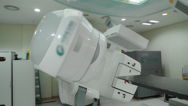 Close-up of a medical linear accelerator in therapeutic oncology.