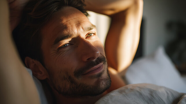 Handsome man relax in bed, sunlight illuminate face, with warmth and content. Perfect for concepts of morning, comfort, wellness, or a peaceful start to the day
