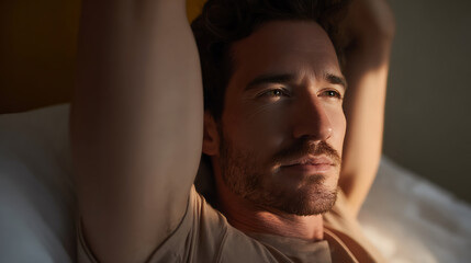 Obraz premium Thoughtful, attractive man with stubble lies comfortably in bed, hands behind head, golden light illuminates face, serene and calm atmosphere