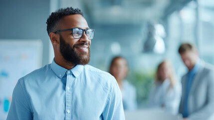 Obraz premium Professional HR discussion with calm positive energy, businessman in focus, blurred team in background, realistic office environment
