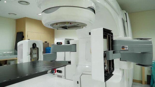 Close-up of a medical linear accelerator in therapeutic oncology.