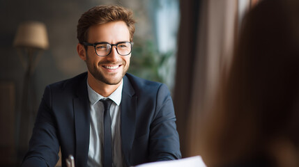 Fototapeta premium Realistic HR corporate portrait of smiling manager during recruitment discussion, soft shadows