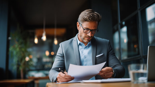 Authentic HR workplace photography of elegant businessman reviewing documents during interview meeting