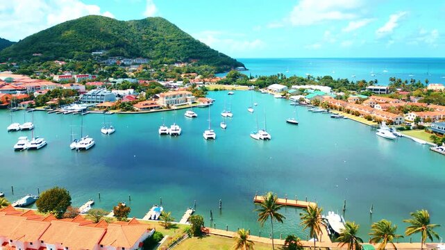  SAINT LUCIA RODNEY BAY HARBOUR AERIAL VIEW YACHTS CARIBBEAN SEA 4K