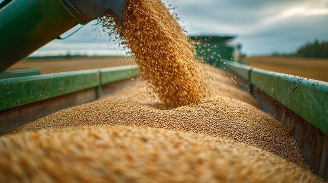 Abundant golden wheat grains pouring into a large green trailer during autumn harvest season, symbolizing agricultural success and food security on a rural farm field