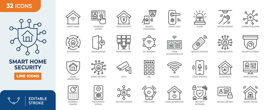 Smart Home Security icon set. Containing Home Security, surveillance camera, smart locks, remote monitoring, alarm systems, AI security, and more. Editable stroke. Vector illustration