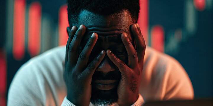 Stressed Man with Hands Over Face, Graph Background, Warm Lighting, Potential Tech Issue
