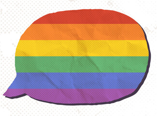 Obraz premium Vector rainbow paper speech bubble with pride flag colors, Crumpled paper LGBT halftone text box graphic design element