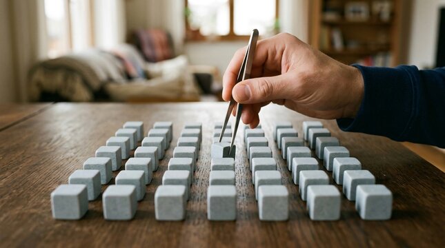 Man using tweezers to pick little cube from wooden table. Precise work with small objects. Concept of focus, choice, selectivity and attention to detail in business or daily routine.