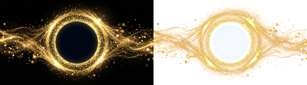 Abstract golden glitter ring with swirling particles luxury gold sparkle circle with light trails on black and transparent background festive magic energy