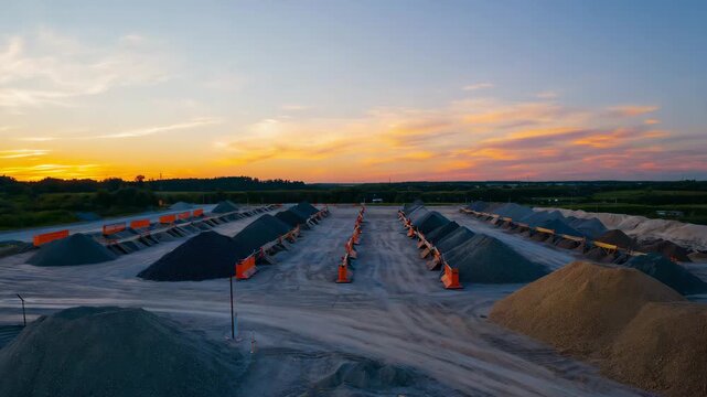 Industrial aggregate storage yard with piles of sand and gravel at sunset in construction materials facility