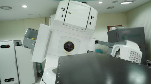 Close-up of a medical linear accelerator in therapeutic oncology.