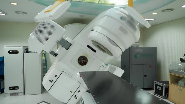 Close-up of a medical linear accelerator in therapeutic oncology.