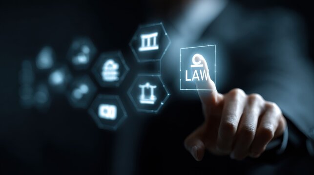 Business professional touching a digital interface displaying copyright law icons and symbols