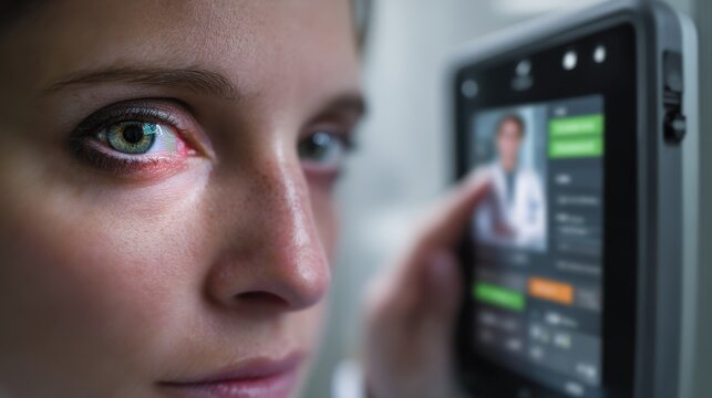 Patient undergoes biometric iris scan authentication using advanced medical tablet technology