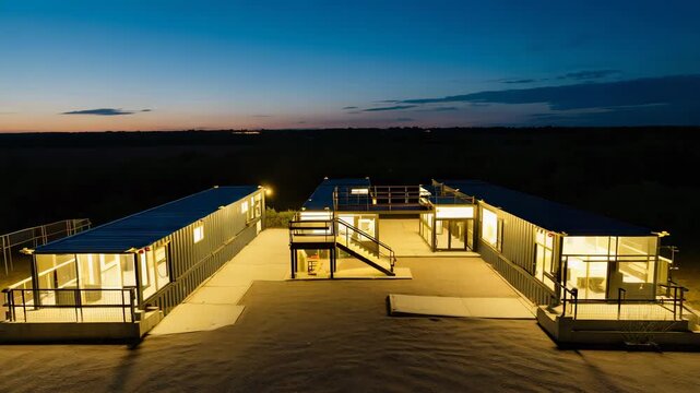 Modern modular container buildings illuminated at dusk with rooftop terrace and minimalist architecture