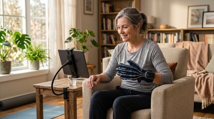 Fototapeta premium Smiling elderly woman using a robotic rehabilitation glove while following a telehealth program on a tablet