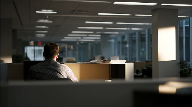 Unrecognized man sit at dark cubicle lit by sunlight, empty office interior, modern workspace, focus on back of head, work solitude, business setting