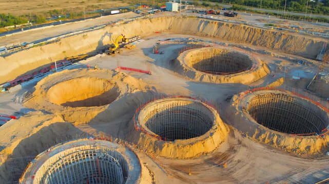 Aerial view of large construction site with deep circular foundation pits and heavy machinery during excavation phase