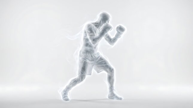 Dynamic ethereal silhouette of a male boxer in a fighting stance, made entirely of white smoke and clouds against a clean studio background.