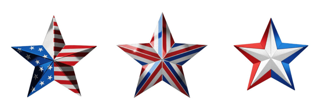 Patriotic 3D Stars PNG Set &ndash; American Flag and Red, White, Blue Metallic Stars Clipart Isolated on Transparent Background for 4th of July, Independence Day, Memorial Day, and United States National Ho
