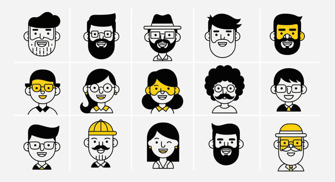 Diverse illustrated character faces collection