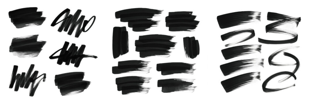 Black Marker Brush Strokes and Scribble Highlights PNG Set, Abstract Permanent Felt Tip Pen Smears Clipart, Isolated Grungy Texture Lines Elements for Note Taking, Labeling, and Graphic Design