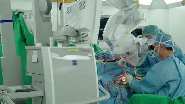 A medical professional performs a delicate brain neurosurgery procedure using an operating microscope in a surgical room surrounded by advanced monitoring