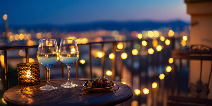 Elegant outdoor balcony dinner setup with wine glasses, candlelight, and city view at dusk