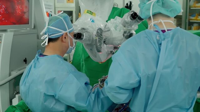 A medical professional performs a delicate brain neurosurgery procedure using an operating microscope in a surgical room surrounded by advanced monitoring