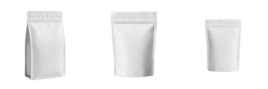 Blank White Stand Up Pouch Packaging PNG Set - Realistic Matte Plastic Doypack, Coffee Bean Bag Mockup, and Food Foil Sachet Elements Isolated on Transparent Background for Brand Identity and Package 
