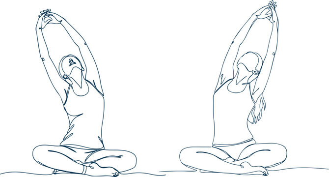 Two women practicing yoga poses with continuous line drawing on a white background