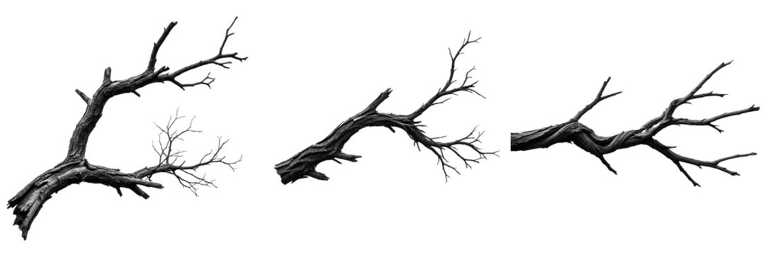 Spooky Bare Tree Branches PNG Set - Dead Wood Twigs, Creepy Gnarled Halloween Elements, and Naked Winter Boughs Isolated on Transparent Background for Gothic Designs, Photo Overlays, and Dark Fantasy 