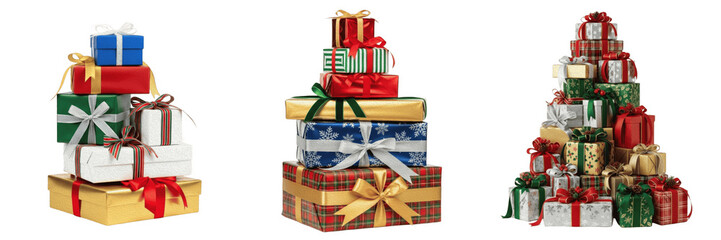 Christmas gift boxes PNG set, isolated colourful holiday present stacks transparent background, festive birthday surprise package illustration, xmas celebration cutout bundle for greeting