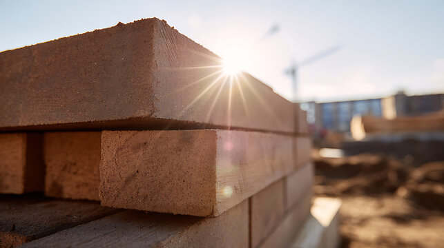 Sun flare highlight on a stack of new red brick material at a construction site against a clear blue sky and blurred background of development