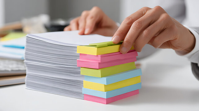 Professional hands organize colorful sticky notes next to a large stack of blank paper on a bright office desk, focus on task management