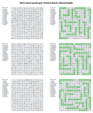 Word seek puzzle sheet &laquo;Positive Words | Mental Health&raquo; with solution, set of 3 puzzles, engaging and fun educational activity