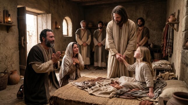 Jesus stands beside the young girl, restoring her to life, while Jairus and family members react with awe, hope, and deep emotion.