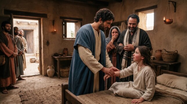 Jesus stands beside the young girl, restoring her to life, while Jairus and family members react with awe, hope, and deep emotion.