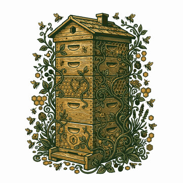 Detailed vector illustration of a traditional wooden beehive surrounded by flying bees, honeycomb, and lush green foliage on a clean white background.