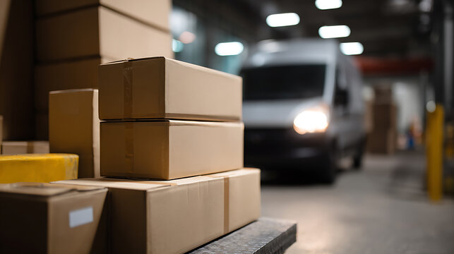 Delivery van with bright headlights approaches a stack of cardboard boxes in a dimly lit warehouse, ready for shipping operations and logistics